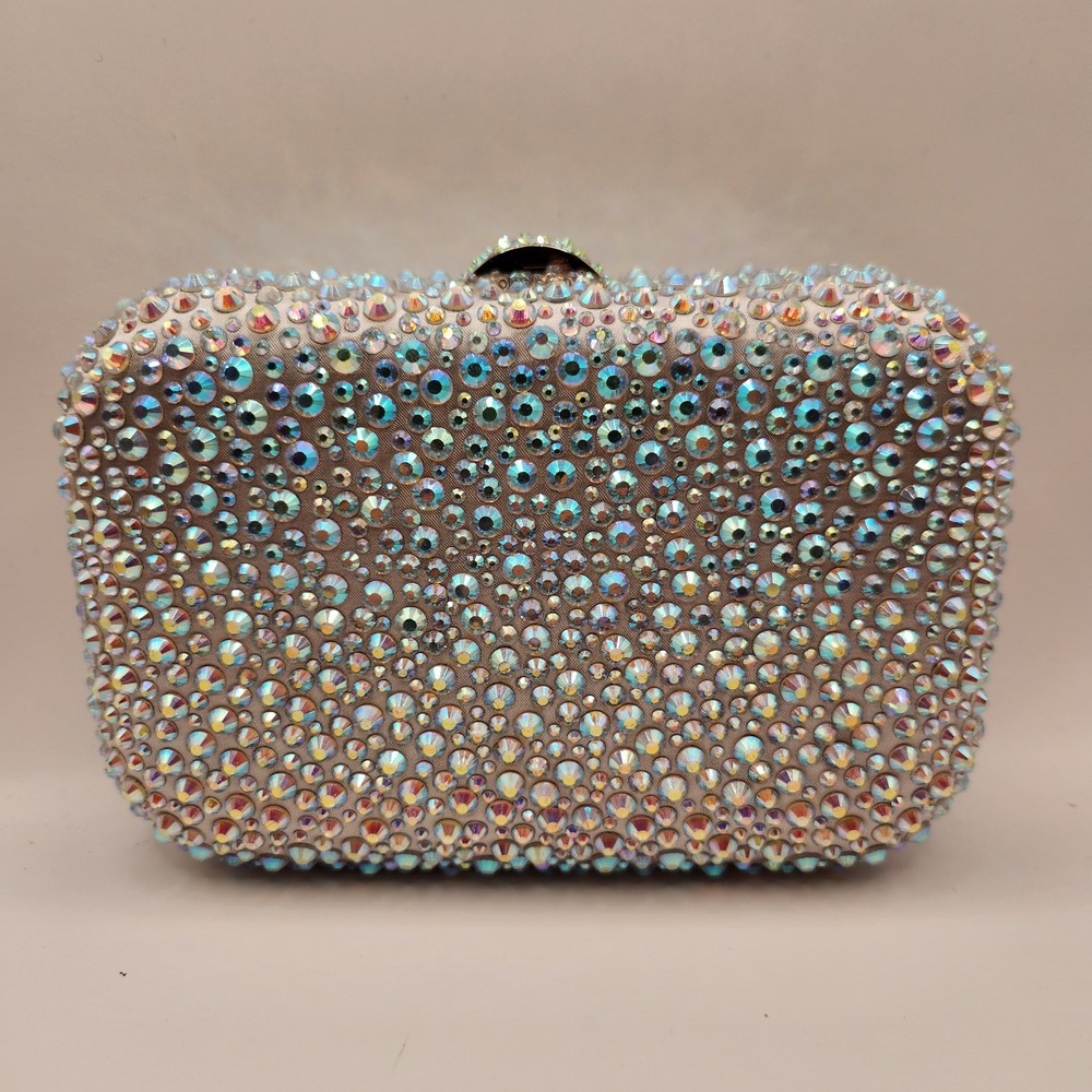 New Olga Berg Casey Iridescent Crystal Hardcase Clutch Shimmering Fancy Purse B